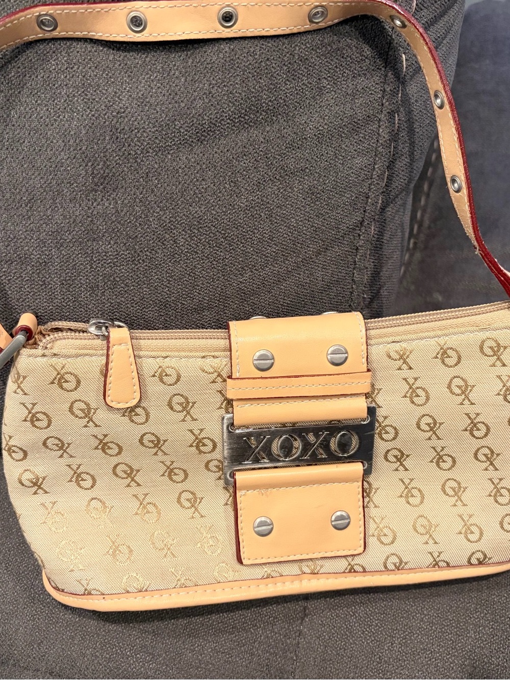 XOXO Beige Logo-Print Belt Bag with Tan Trim